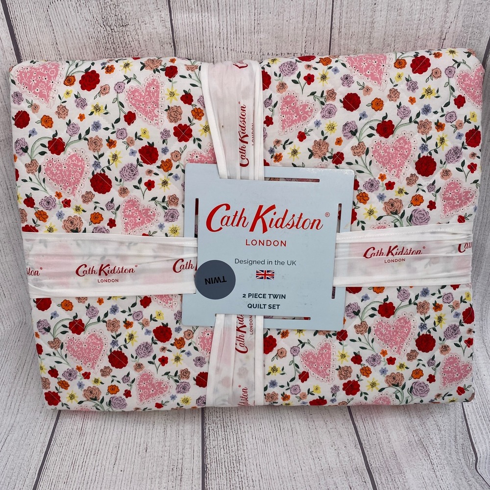 Cath Kidston Floral Heart Quilt Set Twin Pink Cotton Percale Bedding Cottagecore